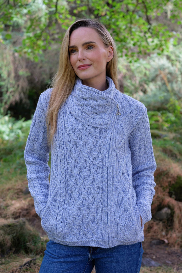 100% Merino Wool Side Zip Aran Cardigan – Sky Blue