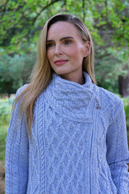 100% Merino Wool Side Zip Aran Cardigan – Sky Blue