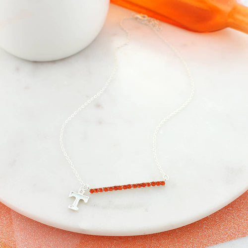Silver Tennessee Power T necklace with orange crystal bar — officially licensed Vols jewelry from The Pink Doxie Boutique.