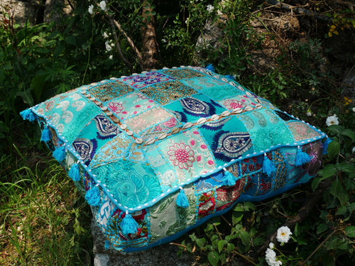 24" Floor pillow cover turquoise square pouf cushion - Indian style floor seating