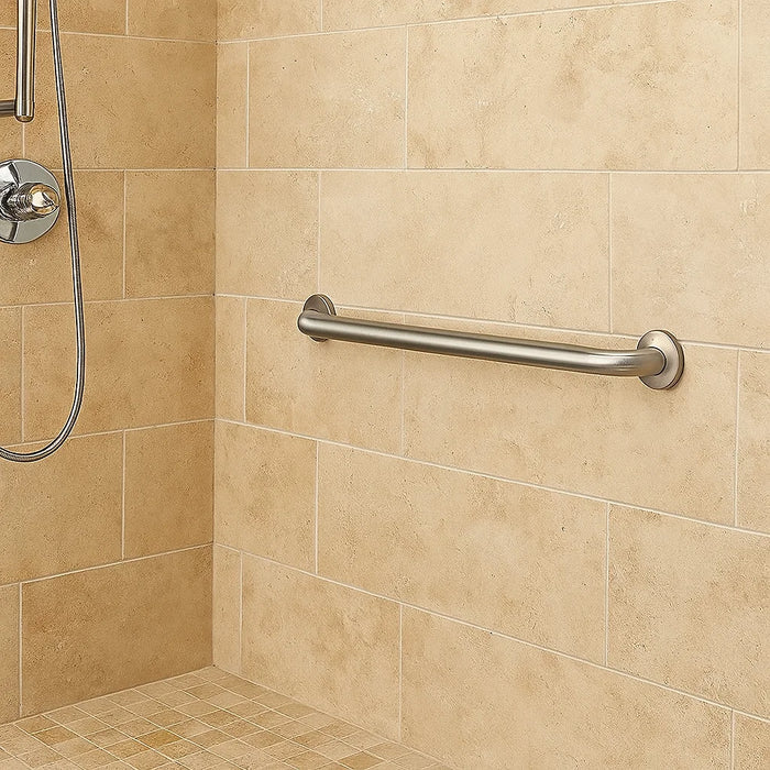 Brushed Nickel GB-100 grab bar finish example installed in a tiled shower for GB-100-48-BN