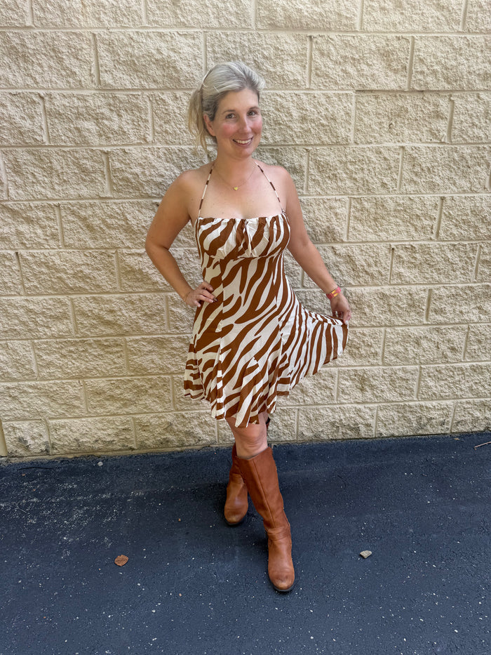 Zebra Ruched Halter Mini Dress