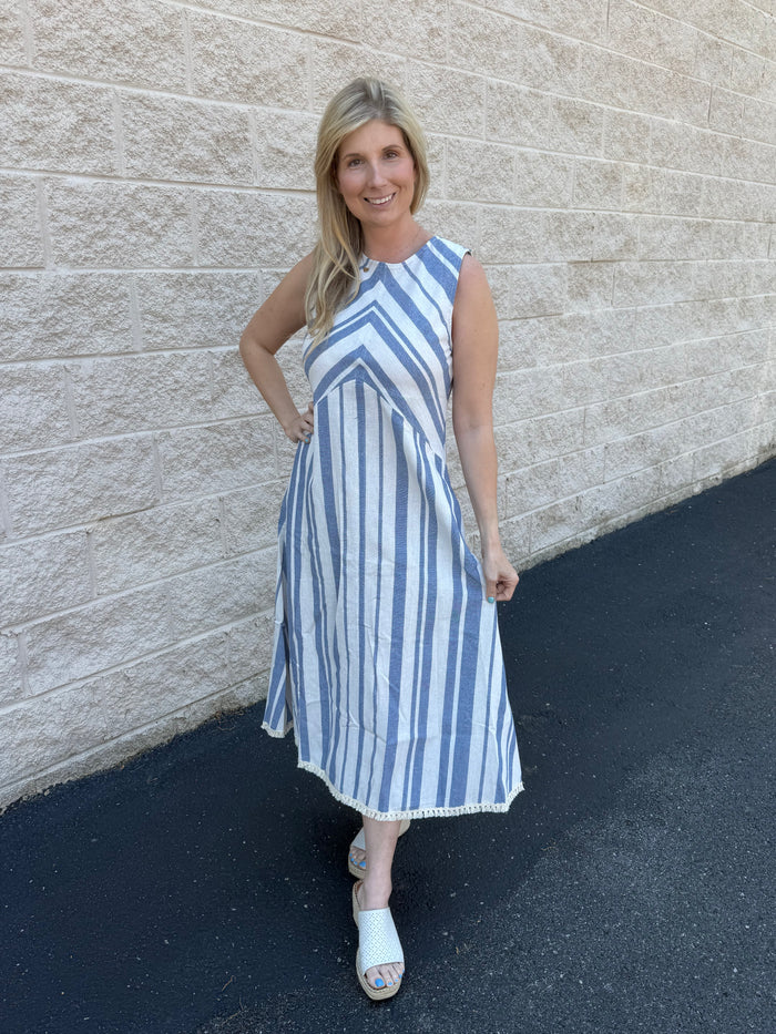 Coastal Striped Linen-Blend Sleeveless Midi Dress
