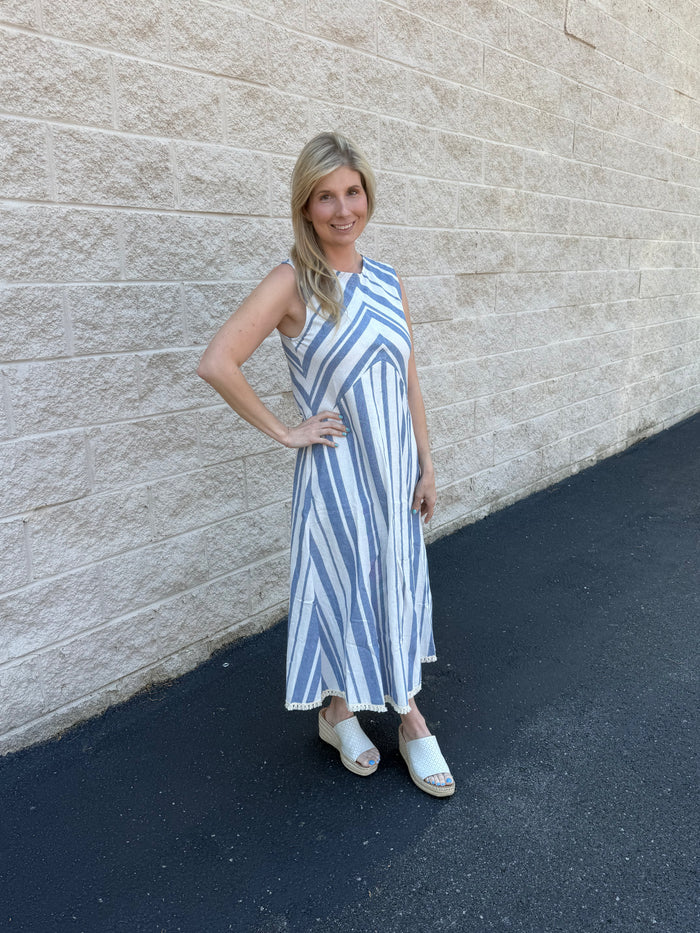 Coastal Striped Linen-Blend Sleeveless Midi Dress