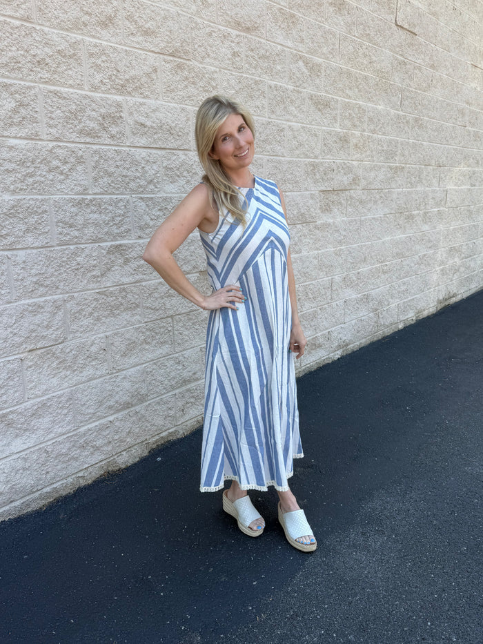 Coastal Striped Linen-Blend Sleeveless Midi Dress
