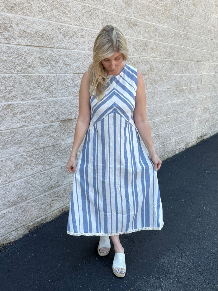 Coastal Striped Linen-Blend Sleeveless Midi Dress