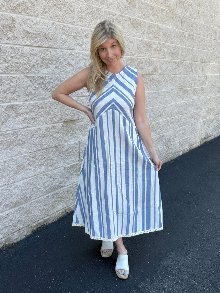 Coastal Striped Linen-Blend Sleeveless Midi Dress