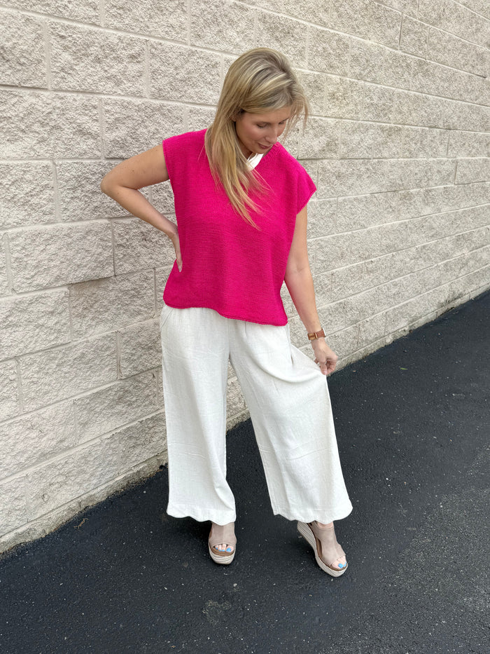 Breezy Scalloped Hem Linen-Cotton Wide Leg Pants
