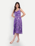Woman wearing Aifa purple floral sleeveless midi dress