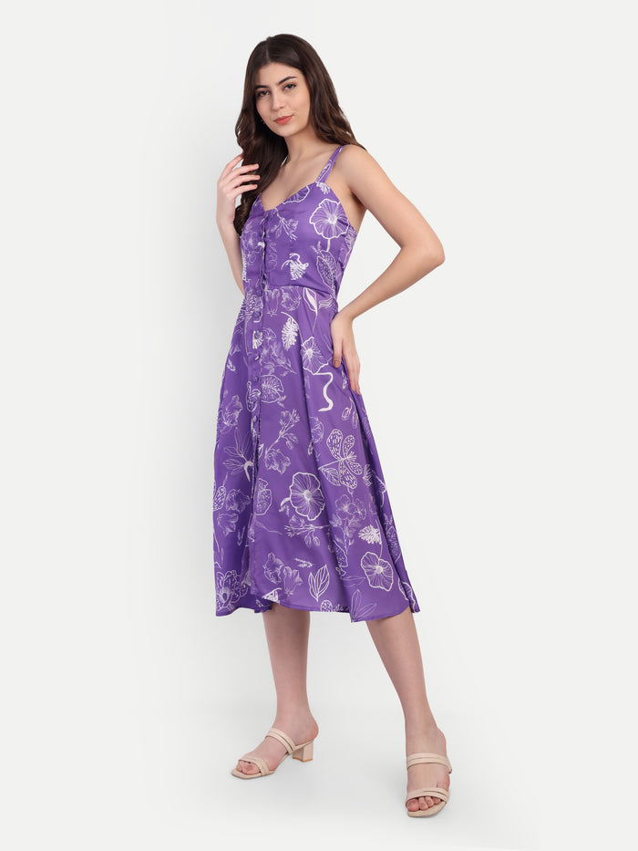 Woman wearing Aifa purple floral sleeveless midi dress