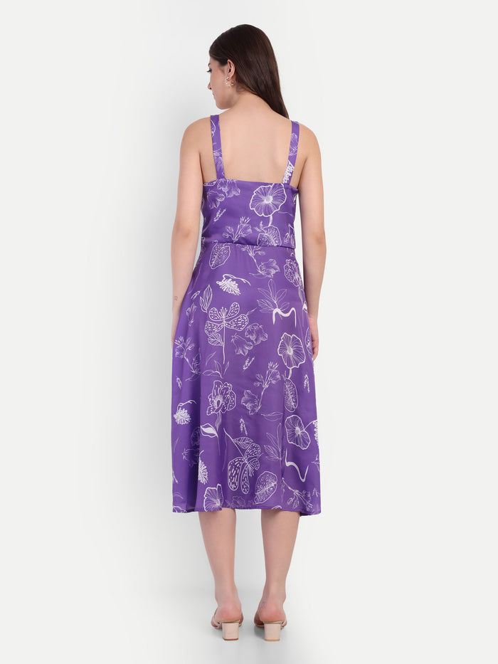 Woman wearing Aifa purple floral sleeveless midi dress