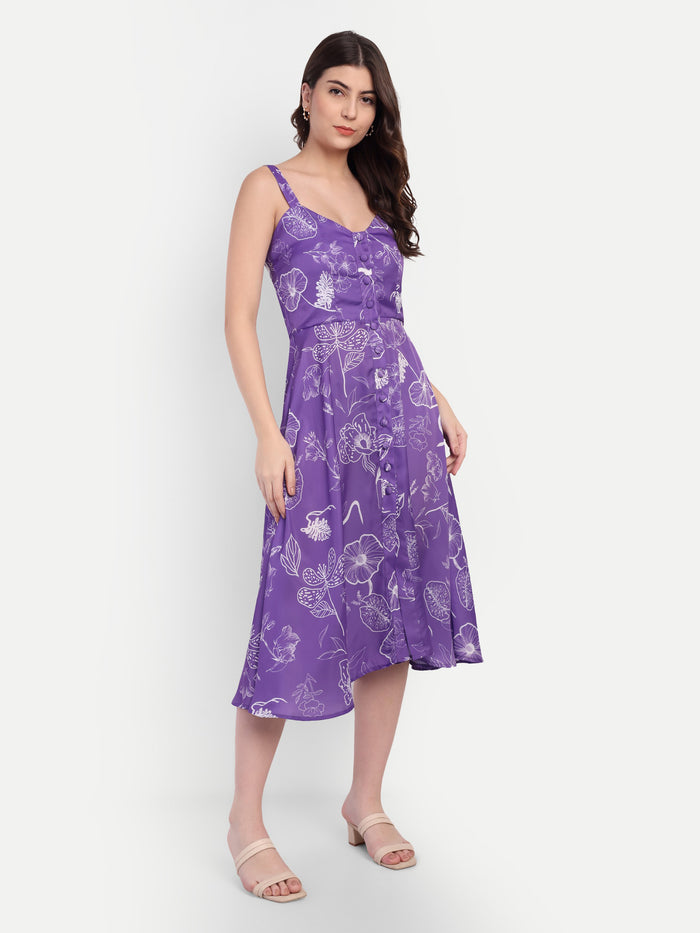Woman wearing Aifa purple floral sleeveless midi dress