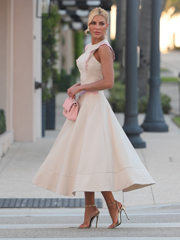 Amore Beige Crepe Midi Dress with Pink Embroidery and Armhole Cutouts