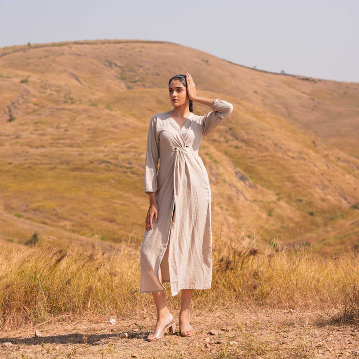 Brown Aria Linen Dress and Linen Jacket Set - OurDve