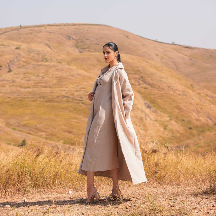 Brown Aria Linen Dress and Linen Jacket Set - OurDve