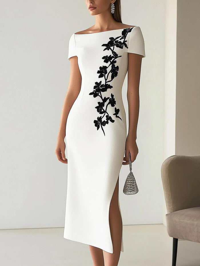 Audrey | Chic Floral Print Boat Neck Midi Dress Outfit
