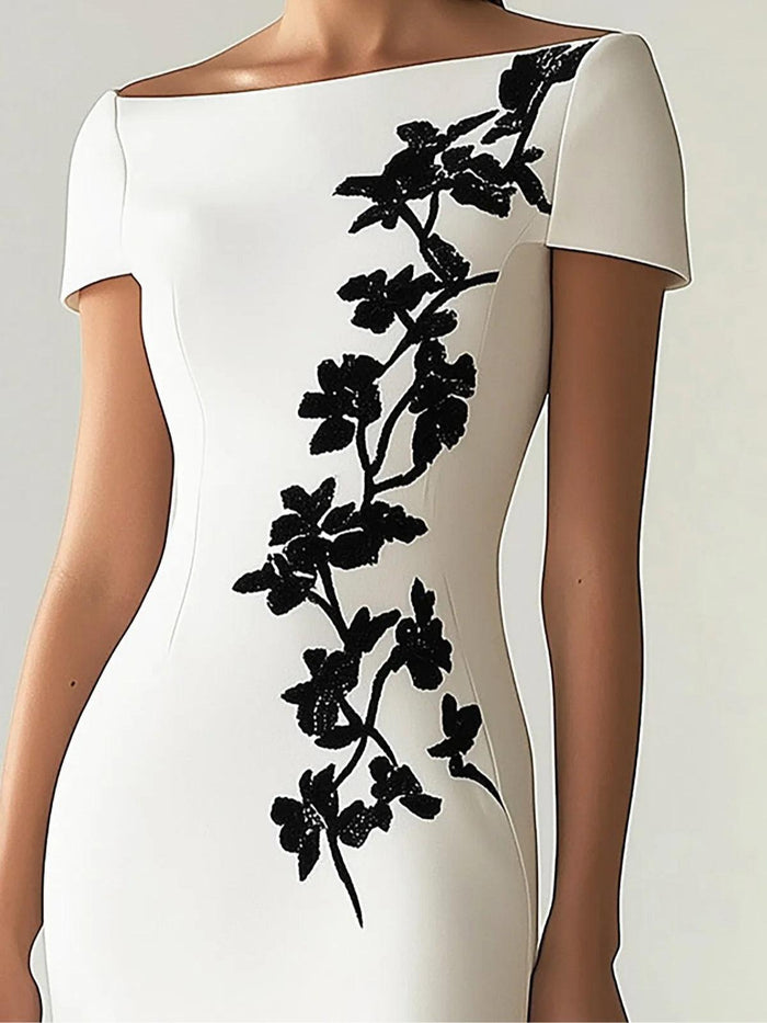 Audrey | Chic Floral Print Boat Neck Midi Dress Outfit