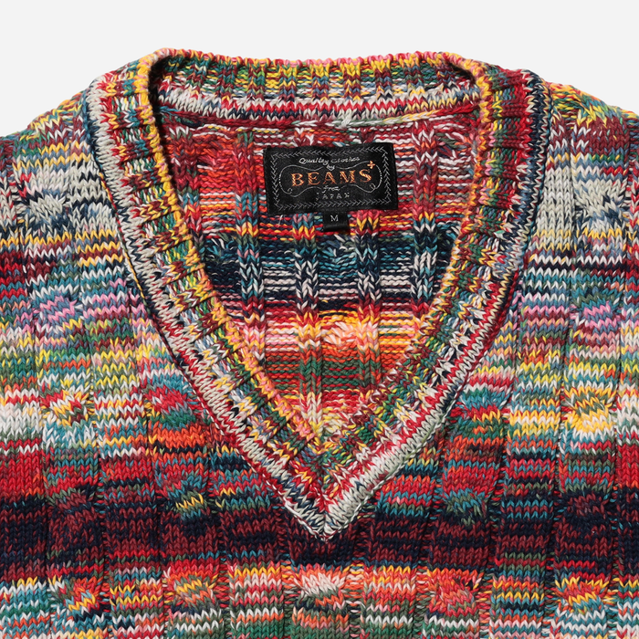 Beams Plus Cable Knit Vest Kasuri - Red