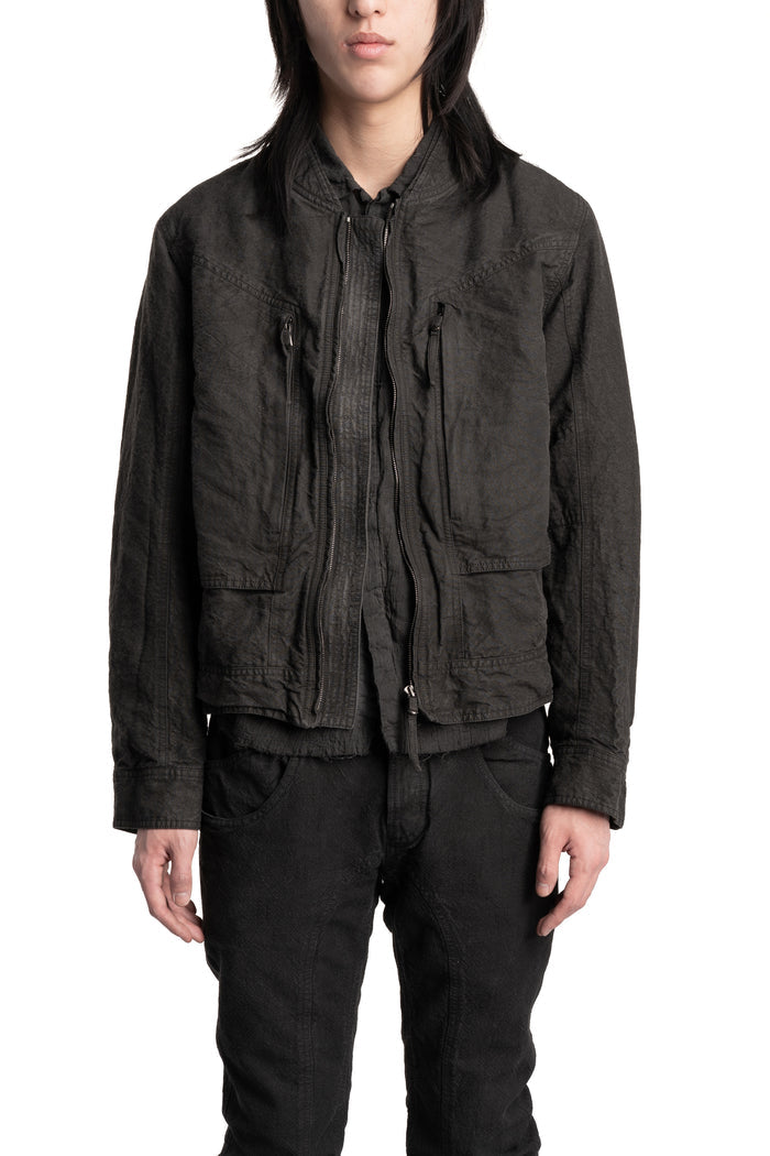 Blackmerle | SS26 - Binchotan Ink Washed Linen Washi Cargo Bomber, 261-J05-353BC