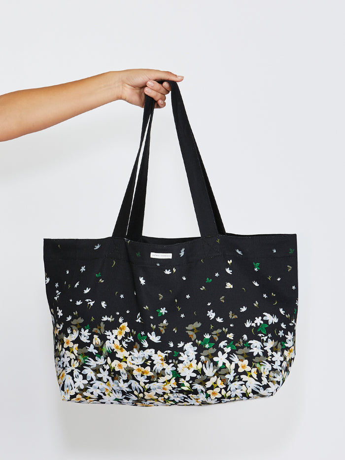 Black Floral Cotton Tote Bag