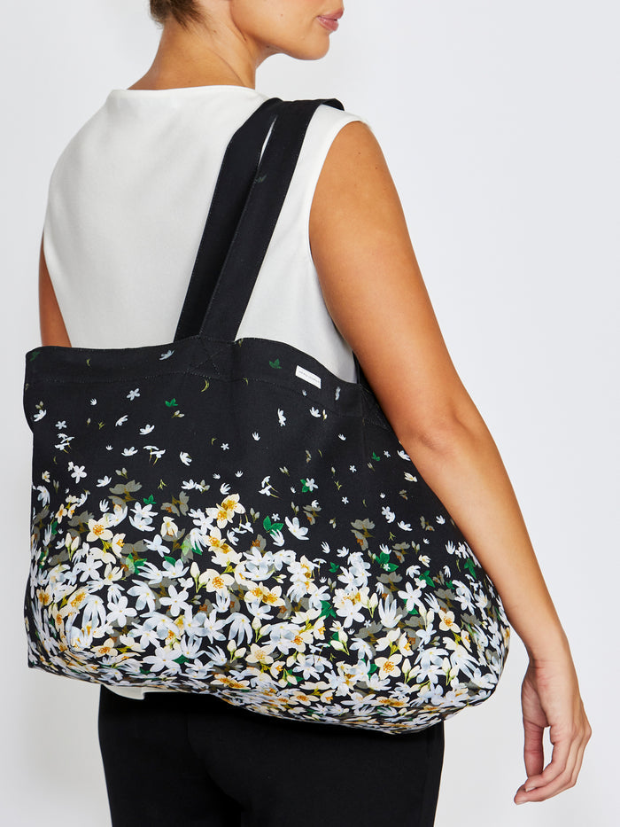 Black Floral Cotton Tote Bag