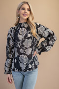 Black Floral High-Neck Blouse - Women > Activewear > Tops > Long Sleeve