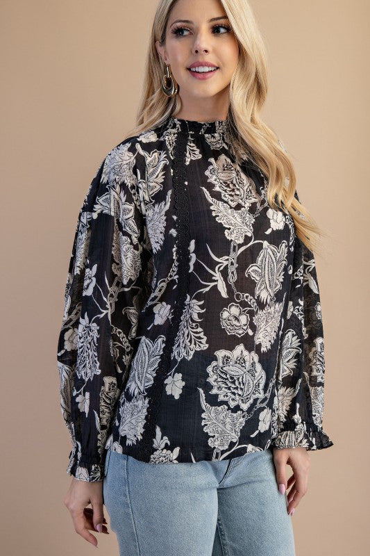 Black Floral High-Neck Blouse - Women > Activewear > Tops > Long Sleeve