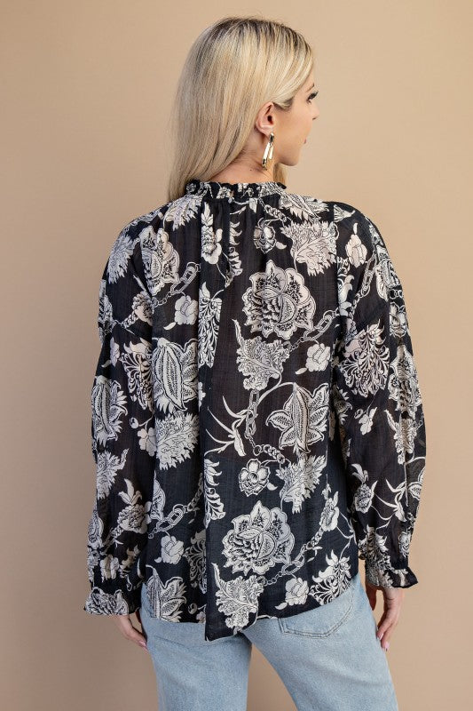 Black Floral High-Neck Blouse - Women > Activewear > Tops > Long Sleeve
