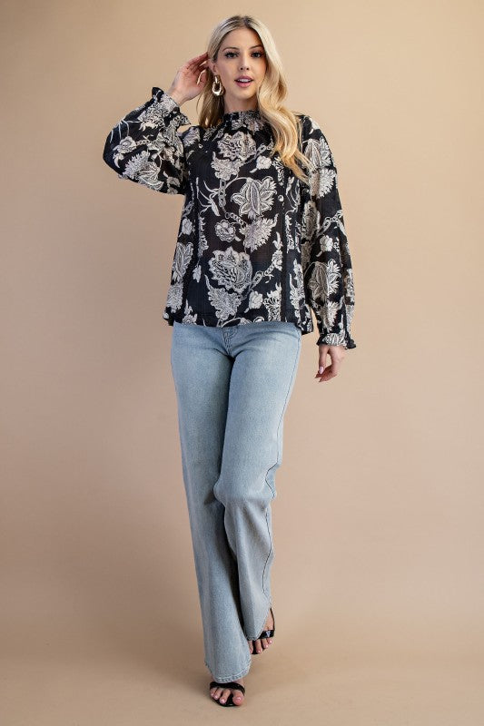 Black Floral High-Neck Blouse - Women > Activewear > Tops > Long Sleeve