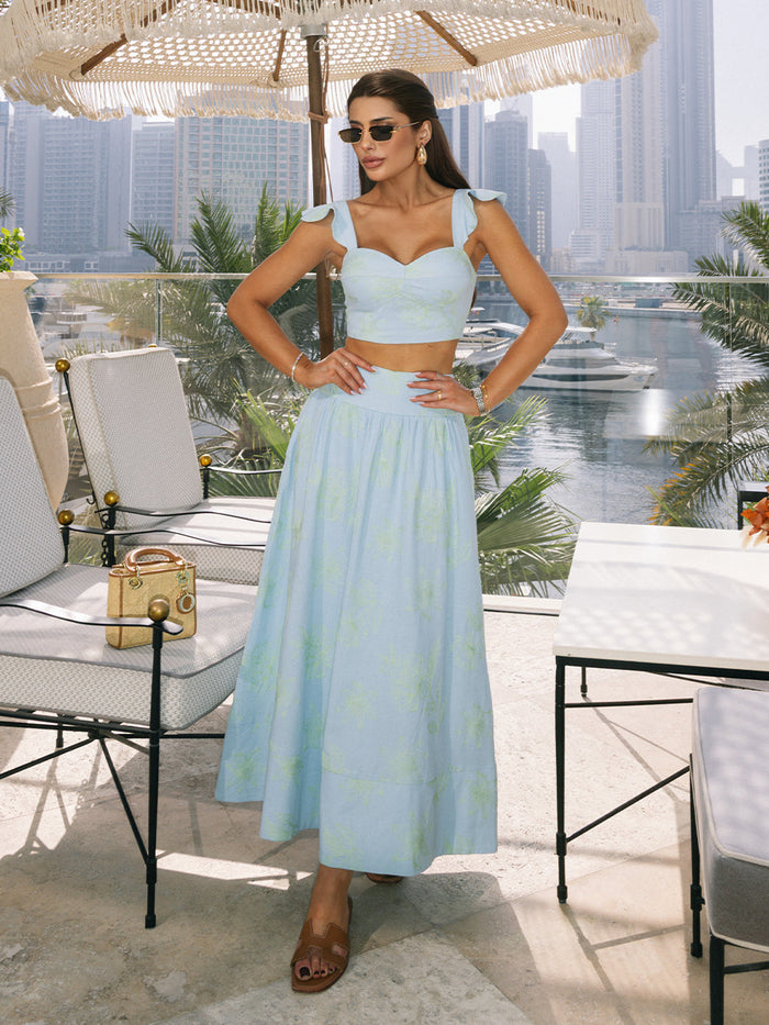 Blue Bloom Set – Blue with Green Floral Embroidery and Ruched Strap Cropped Top