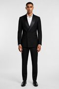 Blutailor black broad lapel double-breasted tuxedo in premium fabric with a custom tailored fit, featuring a sharp structured silhouette and elegant detailing for a bold, sophisticated formal look.