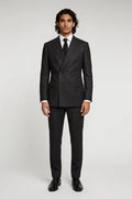 Men's Blutailor Black Double-Breasted Suit crafted from premium terry rayon fabric, featuring a classic black finish, double-breasted blazer with peak lapels, matching tailored trousers, structured silhouette, and refined craftsmanship, ideal for business wear, weddings, black-tie events, formal occasions, and sophisticated evening dressing.