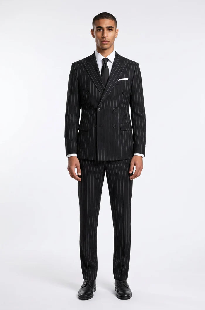Men's Blutailor Black Pinstripe Double-Breasted Suit in premium 100 Count Terry Wool fabric, featuring refined pinstripes, sharp peak lapels, and matching tailored trousers for timeless formal elegance.