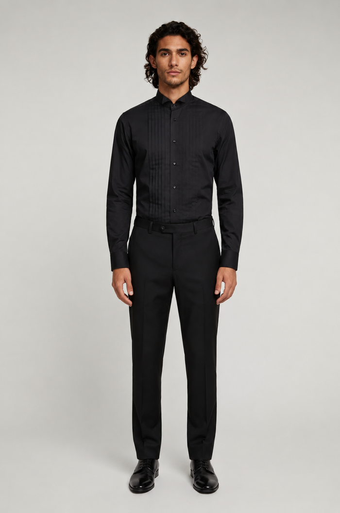 Blutailor black wingtip collared pleated tuxedo shirt in premium fabric with a custom tailored fit, featuring elegant pleat detailing and a sharp wingtip collar for a refined formal look.