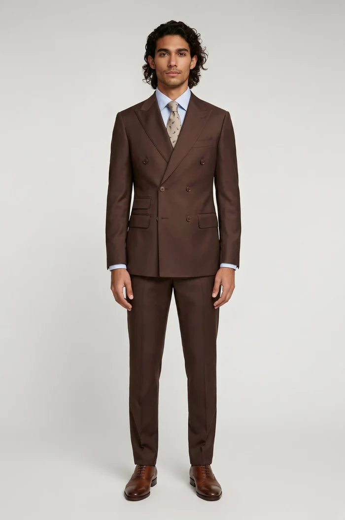 Men's Blutailor Brown Double-Breasted Suit crafted from premium terry rayon fabric, featuring a rich brown finish, double-breasted blazer with sharp peak lapels, matching tailored trousers, structured silhouette, and refined craftsmanship, ideal for business wear, weddings, formal occasions, evening events, and sophisticated celebration dressing.
