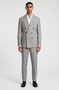 Blutailor Pearl Slate linen double-breasted suit in premium breathable linen fabric with a custom tailored fit, featuring a structured blazer and matching trousers for a refined and sophisticated summer look.