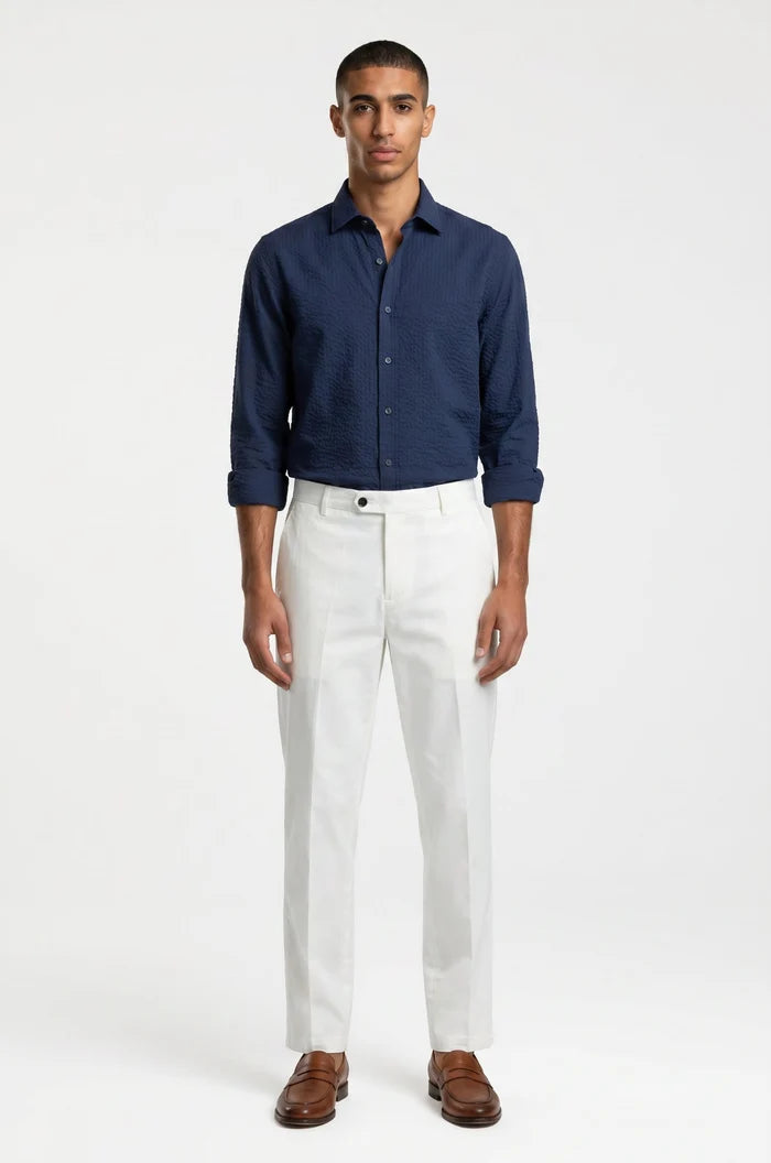 Blutailor Dark Blue seersucker shirt in premium seersucker fabric with a custom tailored fit, featuring a lightweight textured finish and breathable construction for a refined and sophisticated smart-casual look.