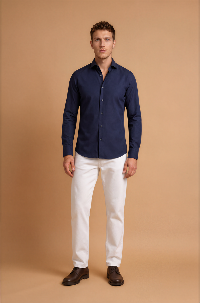 Blutailor dark blue summer shirt in premium lightweight fabric with a custom tailored fit, featuring a breathable finish and refined styling for a smart casual look.