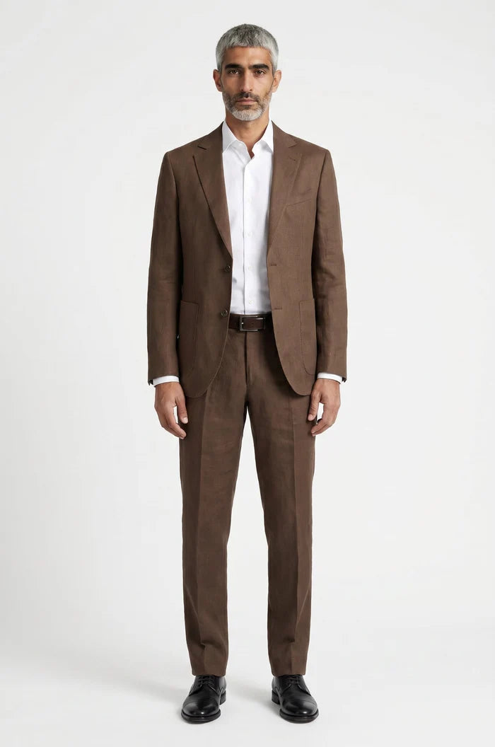 Blutailor Earthwood Brown linen 2 piece suit in premium linen fabric with a custom tailored fit, featuring a tailored blazer and matching trousers for a refined, breathable, and sophisticated summer formal look.