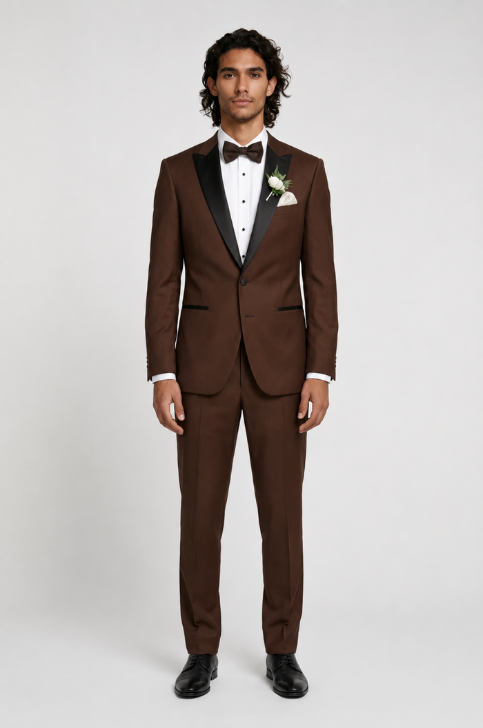 Blutailor Imperial Cocoa peak lapel 3 piece tuxedo in premium fabric with a custom tailored fit, featuring a sleek blazer, waistcoat, and trousers for a rich and sophisticated formal look.