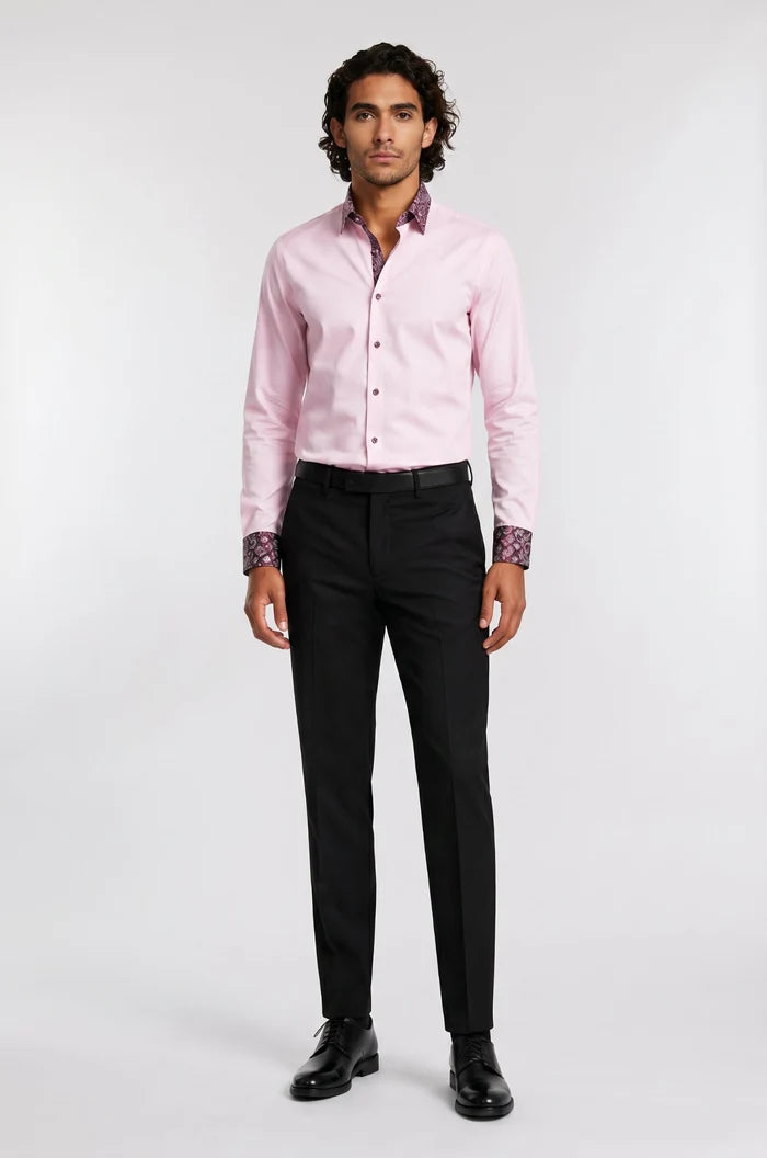 Men's Blutailor Blush Rose Paisley Accent Shirt crafted from premium Giza cotton, featuring a soft blush rose hue, elegant paisley accent detailing, tailored fit, button-front design, and a refined aesthetic ideal for formal, business, and smart-casual occasions.