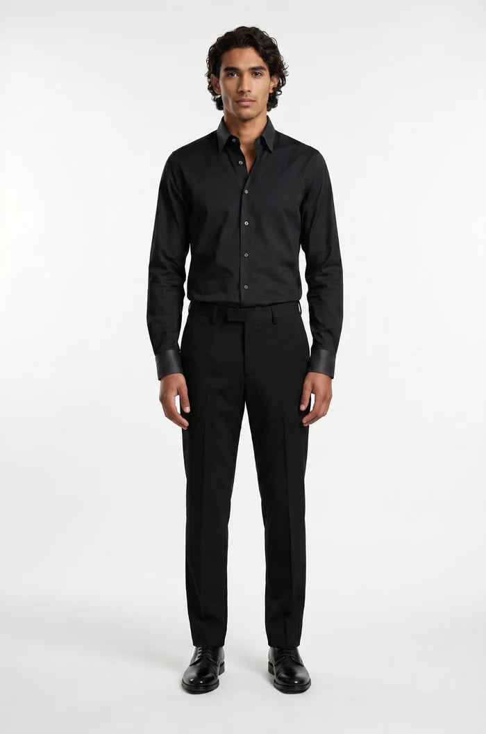Men's Blutailor Obsidian Black with Satin Contrast Shirt crafted from premium Giza cotton, featuring a deep black finish, luxurious satin contrast detailing, tailored fit, button-front design, and a sophisticated aesthetic ideal for formal occasions, evening wear, and smart-casual styling.