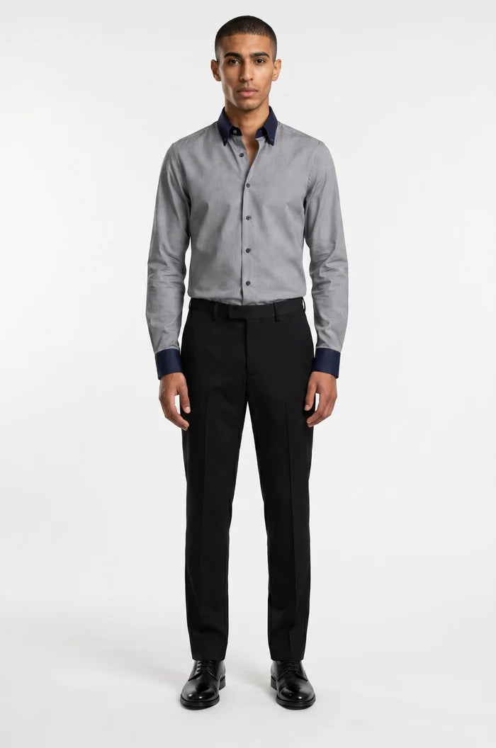 Men's Blutailor Slate & Navy Signature Shirt crafted from premium Giza cotton, featuring a sophisticated slate and navy color combination, tailored fit, button-front design, and refined detailing, ideal for formal, business, and smart-casual occasions.
