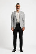 Men's Blutailor Monarch Grey Cloud Blazer crafted from premium wool crepe, featuring a sophisticated monarch grey hue, cloud-inspired design detailing, tailored fit, structured silhouette, and a refined aesthetic ideal for weddings, formal events, evening occasions, and elevated occasion wear.