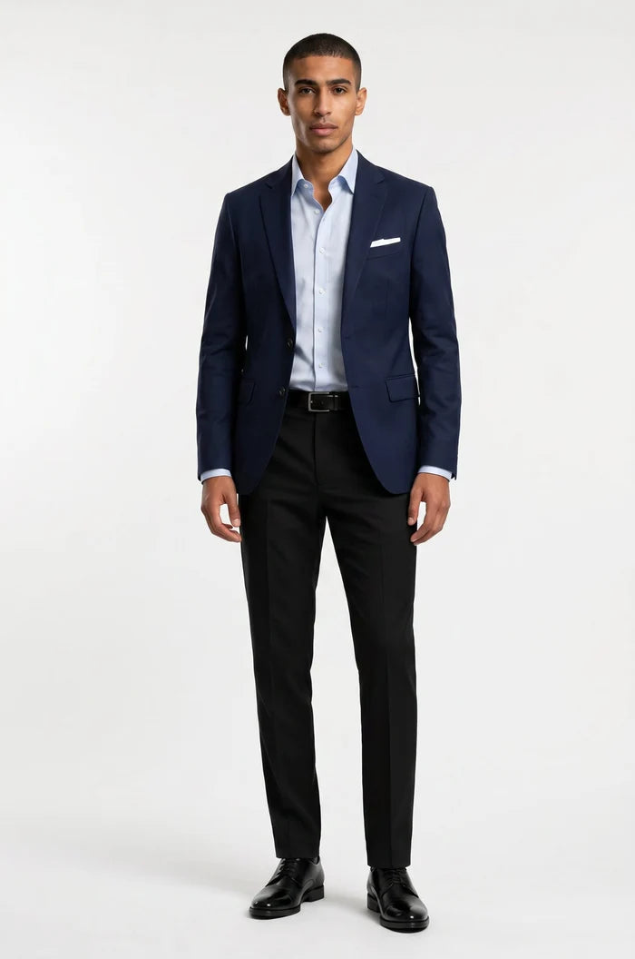 Men's Blutailor Navy Blue Cloud Blazer crafted from premium Giza cotton, featuring a deep navy blue hue, cloud-inspired design detailing, tailored fit, structured silhouette, and a refined aesthetic ideal for weddings, evening events, and sophisticated occasion wear.
