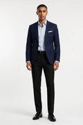 Men's Blutailor Navy Blue Cloud Blazer crafted from premium Giza cotton, featuring a deep navy blue hue, cloud-inspired design detailing, tailored fit, structured silhouette, and a refined aesthetic ideal for weddings, evening events, and sophisticated occasion wear.