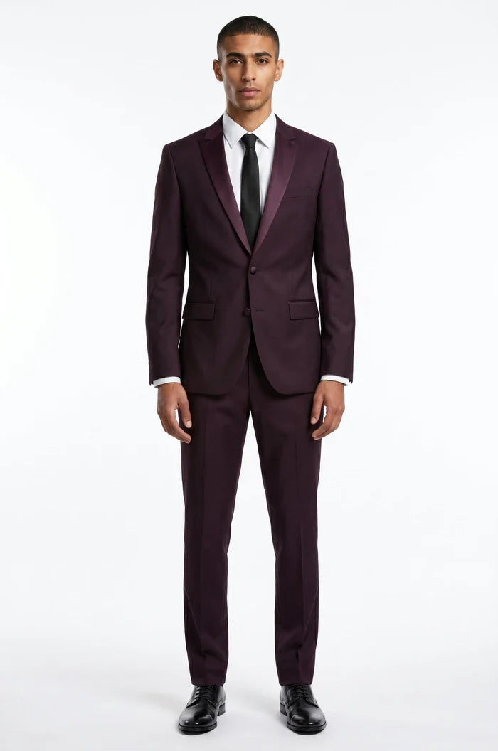 Blutailor Plum Noir 2 piece tuxedo in premium fabric with a custom tailored fit, featuring a sleek blazer and matching trousers for a rich and sophisticated formal look.