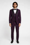Blutailor plum peak lapel 3 piece tuxedo in premium fabric with a custom tailored fit, featuring a sleek blazer, waistcoat, and trousers for a bold and sophisticated formal look.