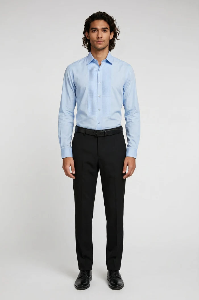 Blutailor powder blue pin tuck pleated tuxedo shirt in premium fabric with a custom tailored fit, featuring elegant pin tuck pleat detailing and a crisp finish for a refined and sophisticated formal look.