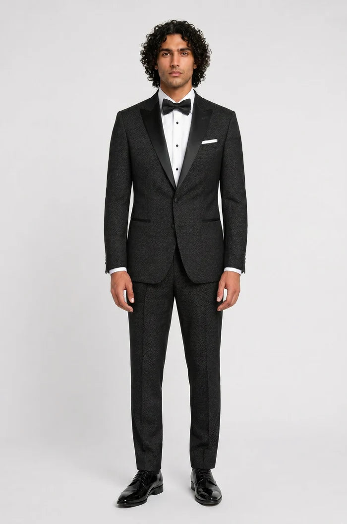 Blutailor self textured peak lapel 3 piece tuxedo in premium fabric with a custom tailored fit, featuring a sleek blazer, waistcoat, and trousers for a refined and sophisticated formal look.